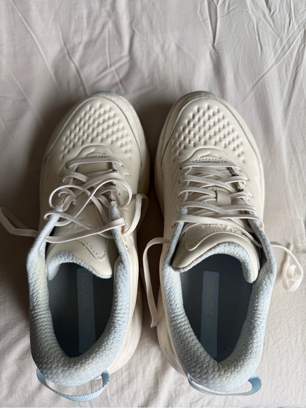 Hoka Chunky Platform Running Shoes in Off-White with Light Blue Soles - Picture 3 of 5